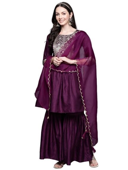 INDO ERA Women's Yoke Design Polyester Kurta Sharara with Dupatta Set