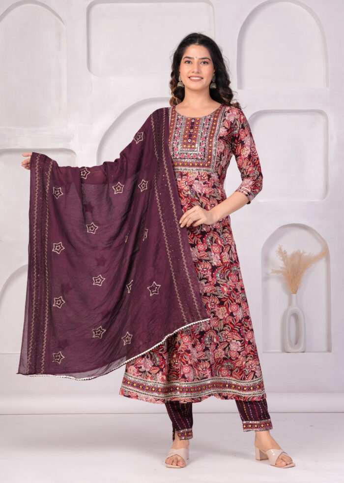 Kurti Craft Women's Rayon Gold Printed Kurta Sharara with Chiffon Dupatta Set - Image 1